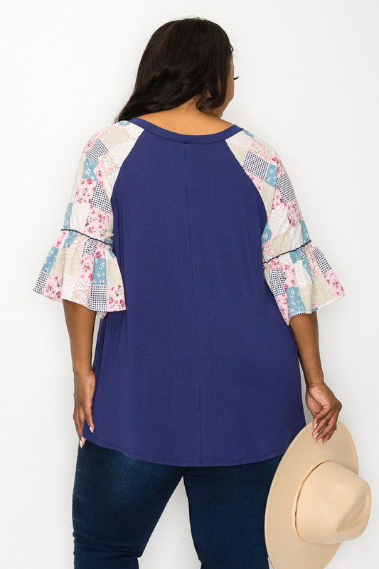 PSFU Blue Shirt Top w Gorgeous Patchwork Sleeves