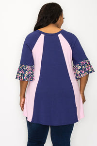 PSFU Slimming Pink Blue Floral Sleeve Shirt Top