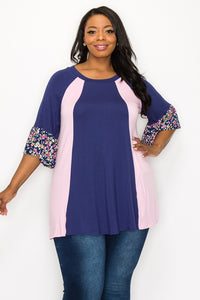PSFU Slimming Pink Blue Floral Sleeve Shirt Top