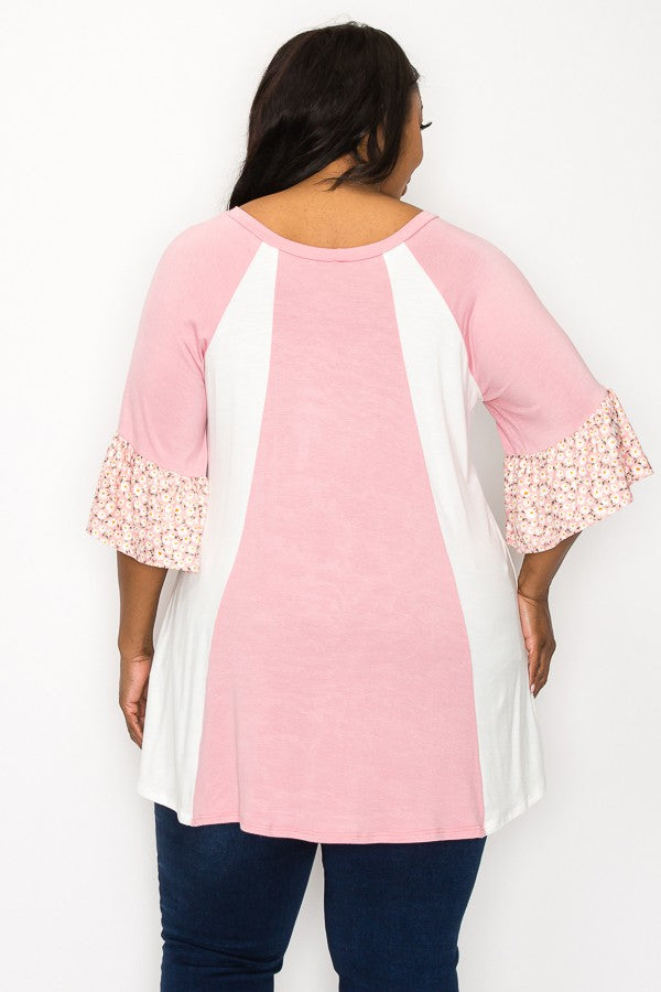 PSFU Slimming Light Pink & White Floral Sleeve Shirt Top