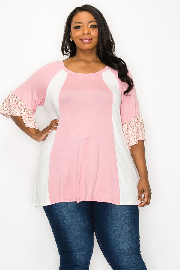 PSFU Slimming Light Pink & White Floral Sleeve Shirt Top