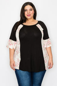 PSFU Slimming Black Floral Sides & Sleeves Shirt Top