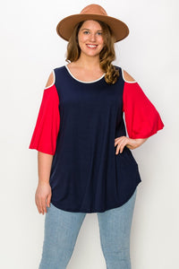 PSFU Red White Blue Cold Shoulder Shirt Top Flutter Sleeves