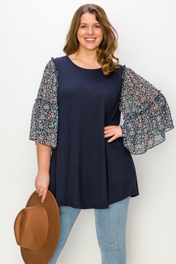 PSFU Navy Contrast Shirt Top w Boho Sleeve Ruffle Detail