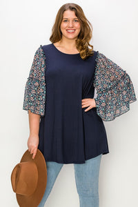 PSFU Navy Contrast Shirt Top w Boho Sleeve Ruffle Detail