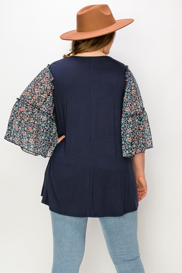PSFU Navy Contrast Shirt Top w Boho Sleeve Ruffle Detail