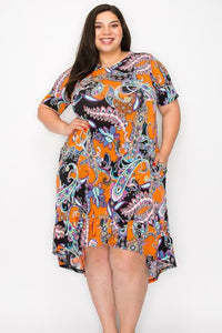 Orange Black Paisley Hi Low Dress