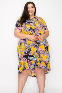 Yellow Black Paisley Hi Low Dress