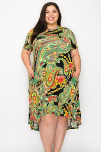 Black Green Paisley Hi Low Dress w Pockets