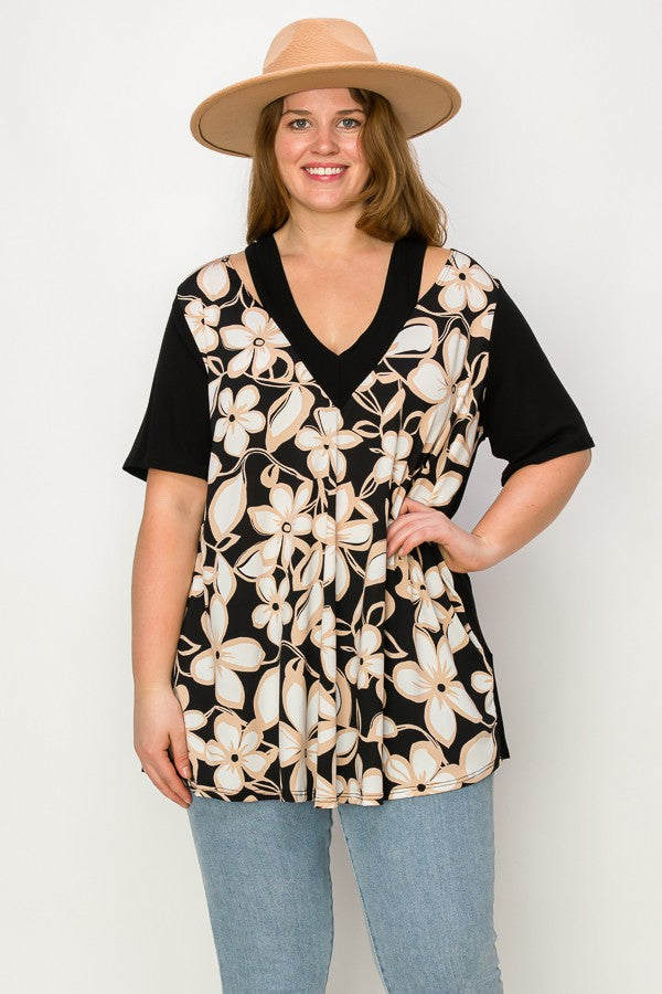 PSFU Black Beige Floral Slit Cold Shoulder Shirt Top