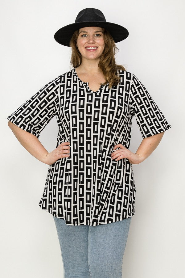PSFU  Black & White Geo Horseshoe Neckline Shirt Top