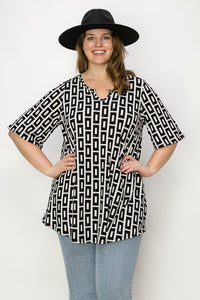 PSFU  Black & White Geo Horseshoe Neckline Shirt Top