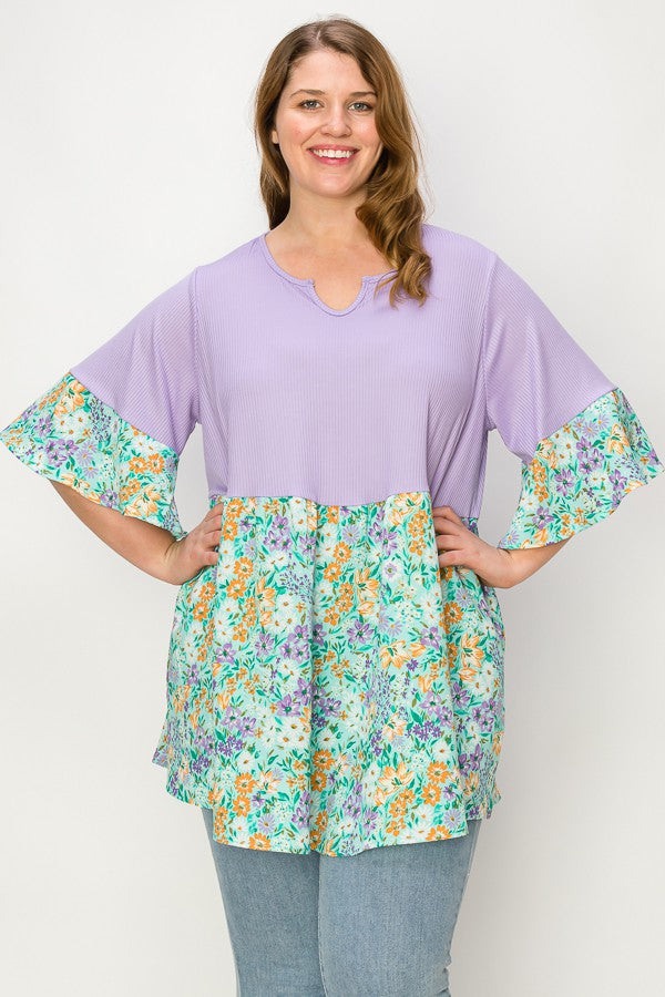 PSFU Purple Green Floral Shirt Top Horseshoe Neckline