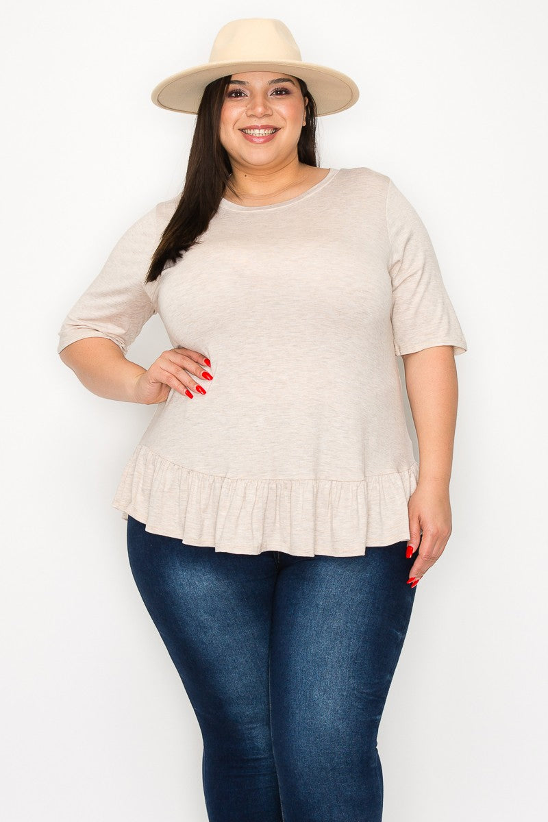 Solid Oatmeal Color Shirt Top Ruffle Hem