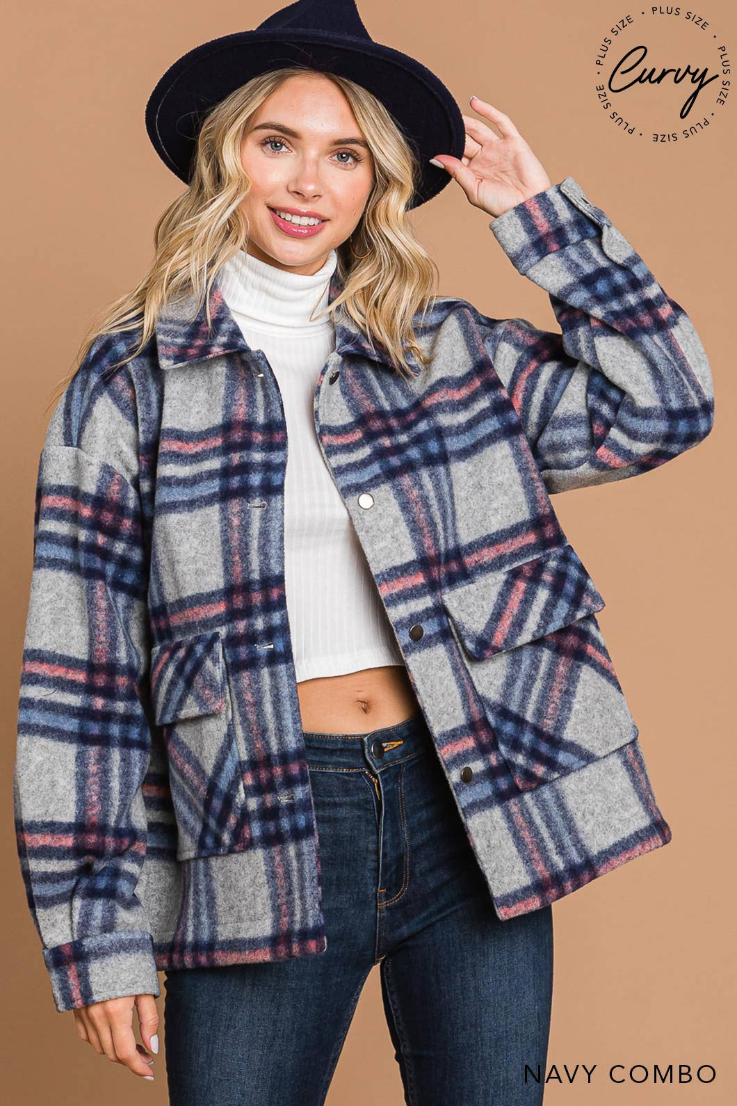 Navy Pink Heavy Weight Plaid Shacket Jacket
