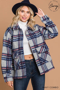 Navy Pink Heavy Weight Plaid Shacket Jacket