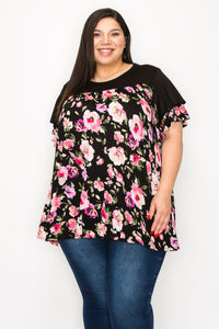 Black Pink Floral Shirt Top w Ruffle Sleeves