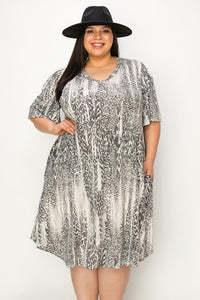 Gray Leopard Animal Print Dress w Pockets & Wide Sleeves