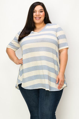 Ivory Blue Stripe V Neck Shirt Top
