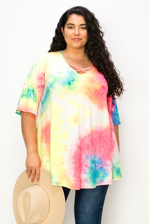 PSFU Bright Tie Dye Caged X Neck Shirt Top