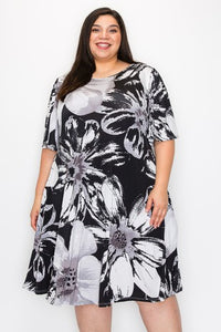 Gray White Black Floral Dress w Pockets