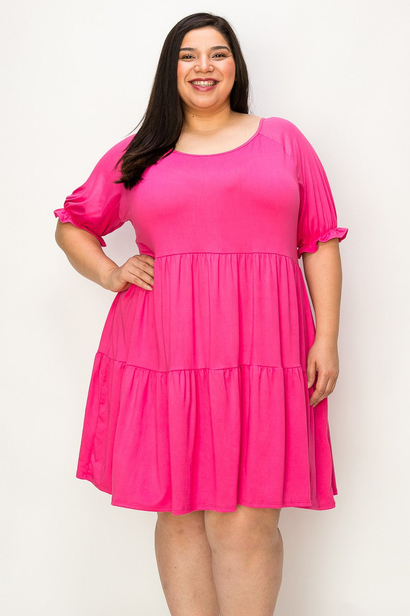 Pink Shirred Sleeve Tier Ruffle Dress