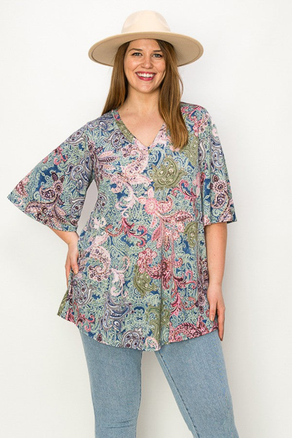 PSFU Green Pink Blue Paisley V Neck Shirt Top