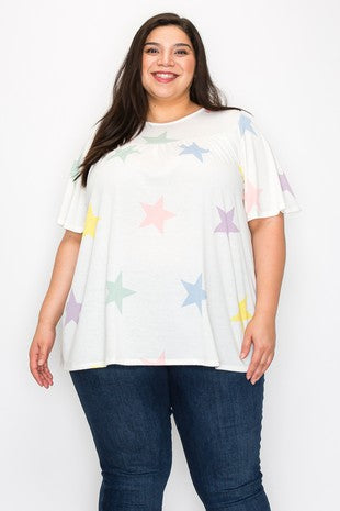 White Multi Color Star Shirt Top