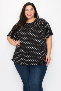 Black Shirred Polka Dot Shirt Top