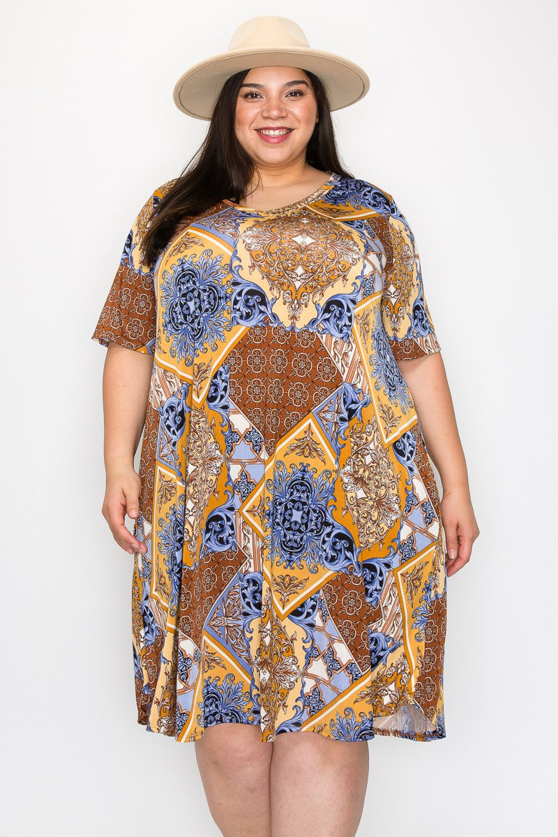 Blue Gold Medallion Multi Print Dress w Pockets