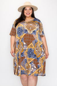 Blue Gold Medallion Multi Print Dress w Pockets