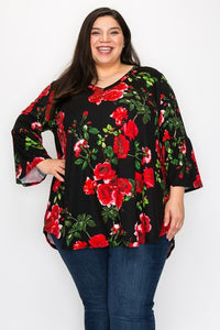 Black & Red Gorgeous Flower Print Shirt Top w Ruffle Sleeves