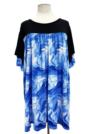 Black Blue Tie Dye Shirt  Top w Ruffle Sleeves