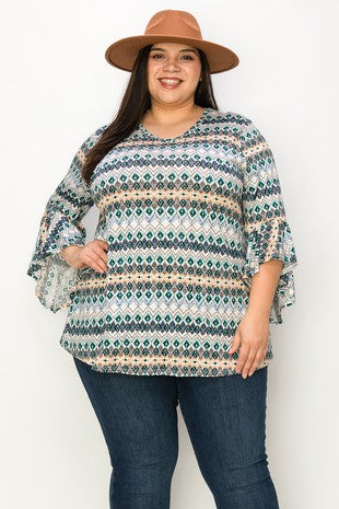 Ivory Blue Teal Beige Design Top