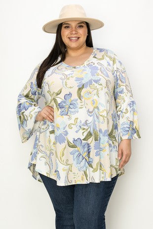 Light Yellow & Blue Floral Shirt Top