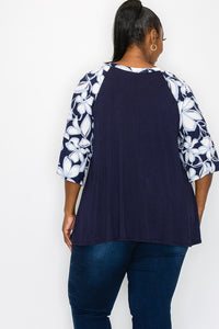 PSFU Navy Shirt Top with Navy White Floral Sleeves