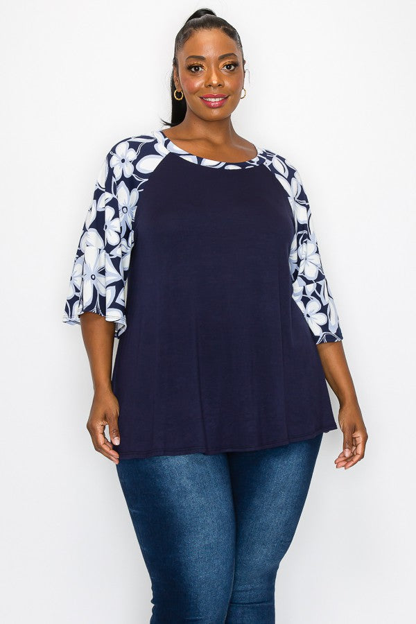 PSFU Navy Shirt Top with Navy White Floral Sleeves