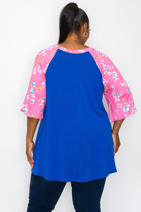 PSFU Blue Shirt Top w Pink Floral Sleeves