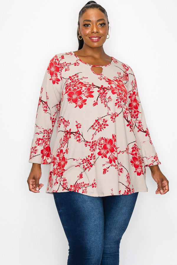 PSFU Beige Top w Red Cherry Blossom Keyhole Neckline Shirt Top
