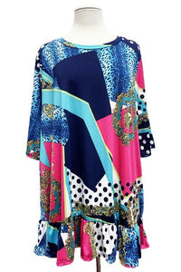 Blue Leopard Polka Dot Shirt Top w Frill Hem