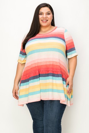 Multi Color Stripe Print Shirt Top w Frill Hem