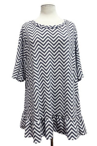 White Dark Gray Chevron Print Frill Hem Shirt Top Tunic