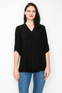 PSFU Solid Black Blouse Shirt Top w Roll Tab Sleeves