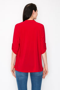 PSFU Solid Red Blouse Shirt Top w Roll Tab Sleeves
