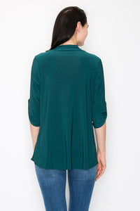 PSFU Solid Green Blouse Shirt Top w Roll Tab Sleeves