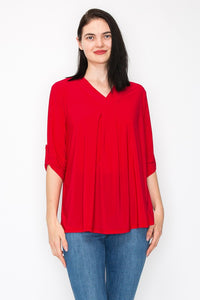PSFU Solid Red Blouse Shirt Top w Roll Tab Sleeves