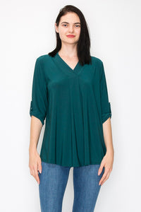 PSFU Solid Green Blouse Shirt Top w Roll Tab Sleeves