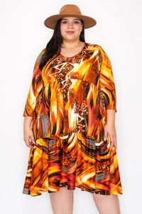 Gold Orange Yellow Tiered Dress 3Qtr Slvs