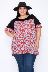 Black Shirred Top Burgundy Paisley Bottom Shirt