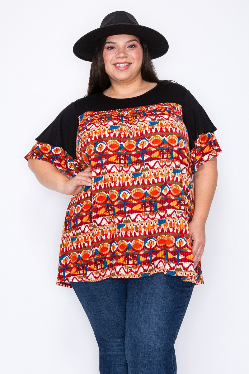 Black Orange Red Teal Shirred Shirt Top